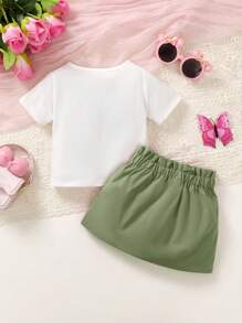 Baby Girl 2pcs/Set Portrait Print T-Shirt & Solid Color Belted Shorts, Casual Minimalist Outfit