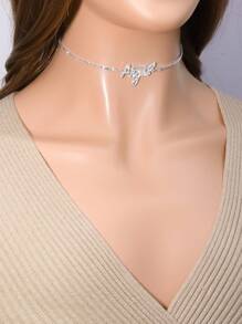 1pc Angel Letter Fully Rhinestone Necklace, Suitable For Women Daily Wear - Silver - View 4