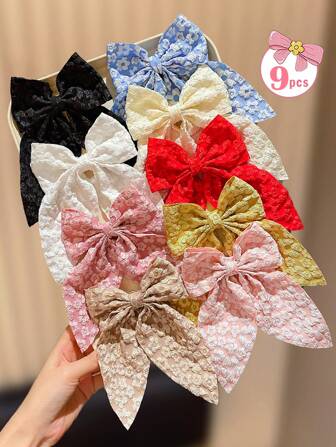 9pcs Assorted Color Floral Ribbon Bow Hair Clips, Sweet Girly Fresh Bowknot Hair Tie, Decorative Hair Accessory Gift For Girls