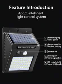 1/4 piezas Lámpara de pared solar de 60 LED, luz de acampada portátil impermeable de ABS a 6000K, con sensor de movimiento y 3 funciones inteligentes, compatible con batería de ión de litio 18650 para exteriores, jardín, garaje, camino, patio