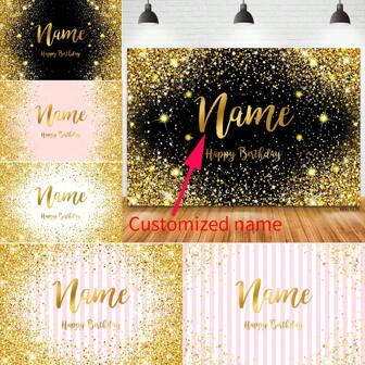 Custom 1pc Name Text On Black Background With Gold Glitter And Pink Striped Decor Polyester Personalized Banner, Suitable For Birthday Party, Family Party, Baptism, Wedding Anniversary, First , Retirement Party, Corporate Celebration Photography Background