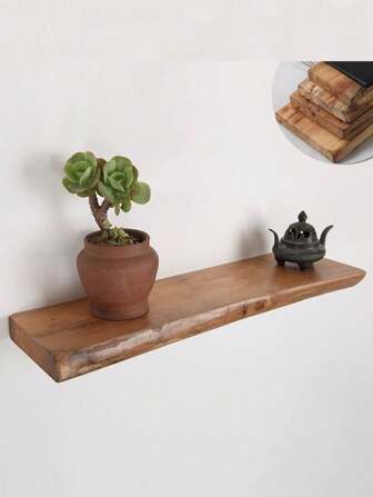 1pc Wooden Wall Shelf, Wide Floating Shelf, Rustic Wood Wall Mounted Rack For Kitchen, Living Room, Display