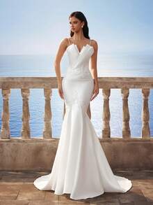 Elasola 全新缎面性感细肩带 V 领修身鱼尾拖尾婚纱 白色，新娘 - 白色 - 查看 9