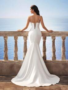 Elasola 全新缎面性感细肩带 V 领修身鱼尾拖尾婚纱 白色，新娘 - 白色 - 查看 5
