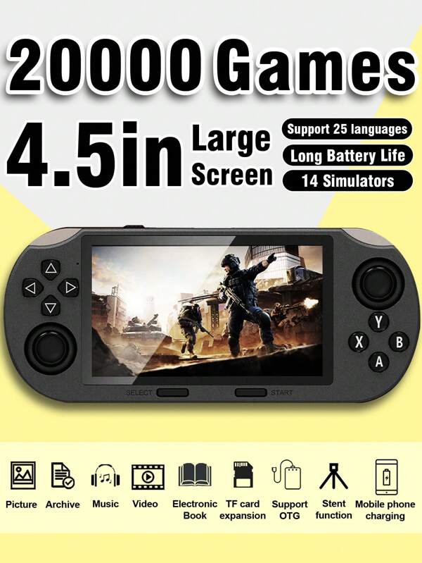 1 pièce Nouvelle console de jeu multifonctionnelle avec 14 simulateurs et 20 000 jeux classiques rétro nostalgiques. Écran large HD de 4,5 pouces. Console de jeu portable avec joystick d'arcade. Compatible GBA/PS1/SFC. Prend en charge les photos, les archives, la musique, les vidéos et les livres électroniques. Fonctions OTG/support/batterie externe.
