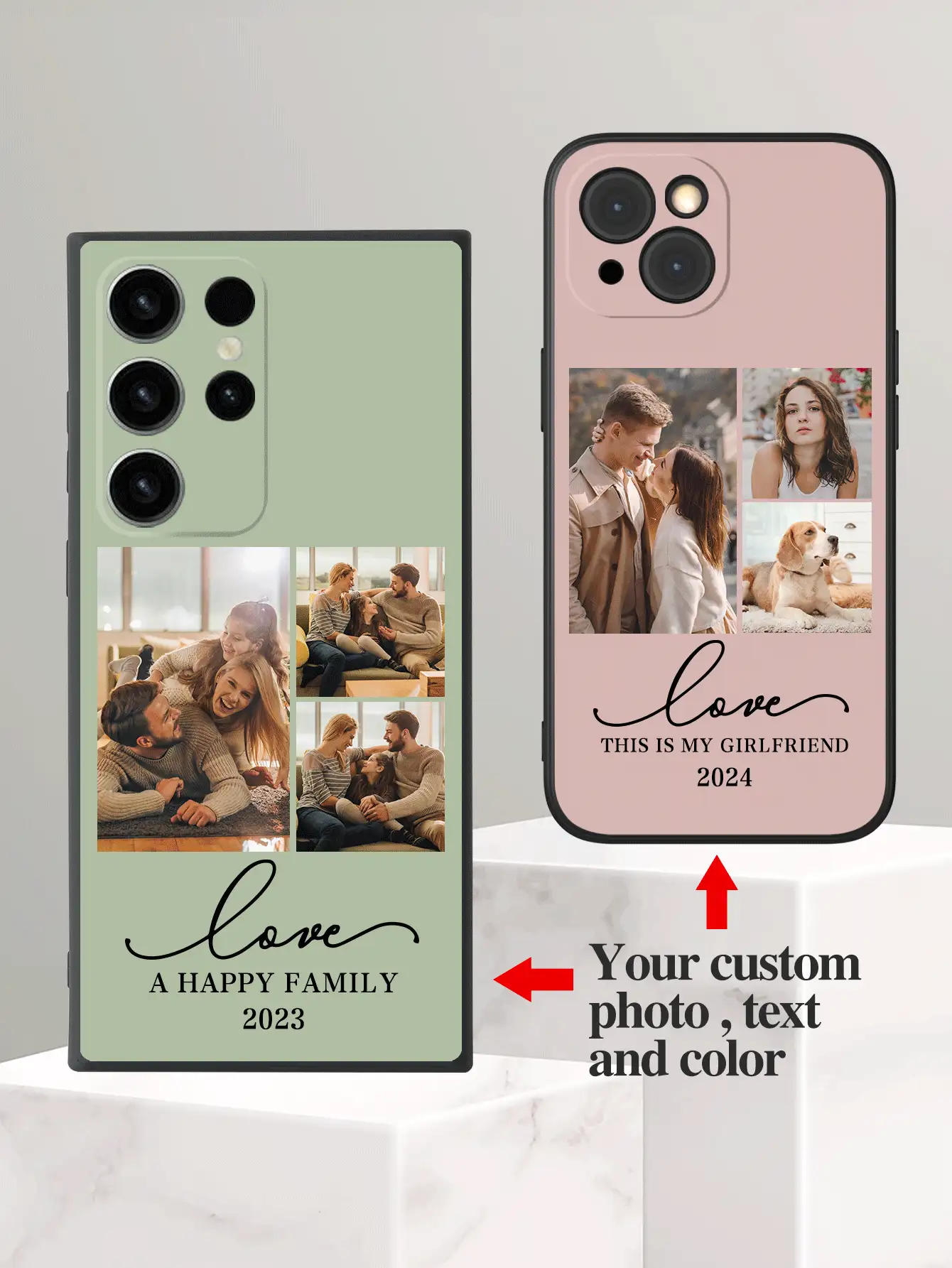 1pc Customized 3-Photo Personalized Phone Case, Featuring Couple, Family, Wedding Photos, Pet Portraits, Monogram, Short Phrase, Compatible With A14, A21s, A32, A33, A34, A35, A15, A23, A55, Compatible With IPhone 13/14/15/16 Pro Max,International Version, Not The Domestic Version - Black - View 2