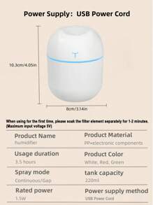 1 pièce, 220 ml Mini humidificateur à ultrasons alimenté par une ligne de données USB, diffuseur d'huile essentielle parfumé, humidificateur de voiture de bureau domestique, avec rafraîchissement lumineux LED