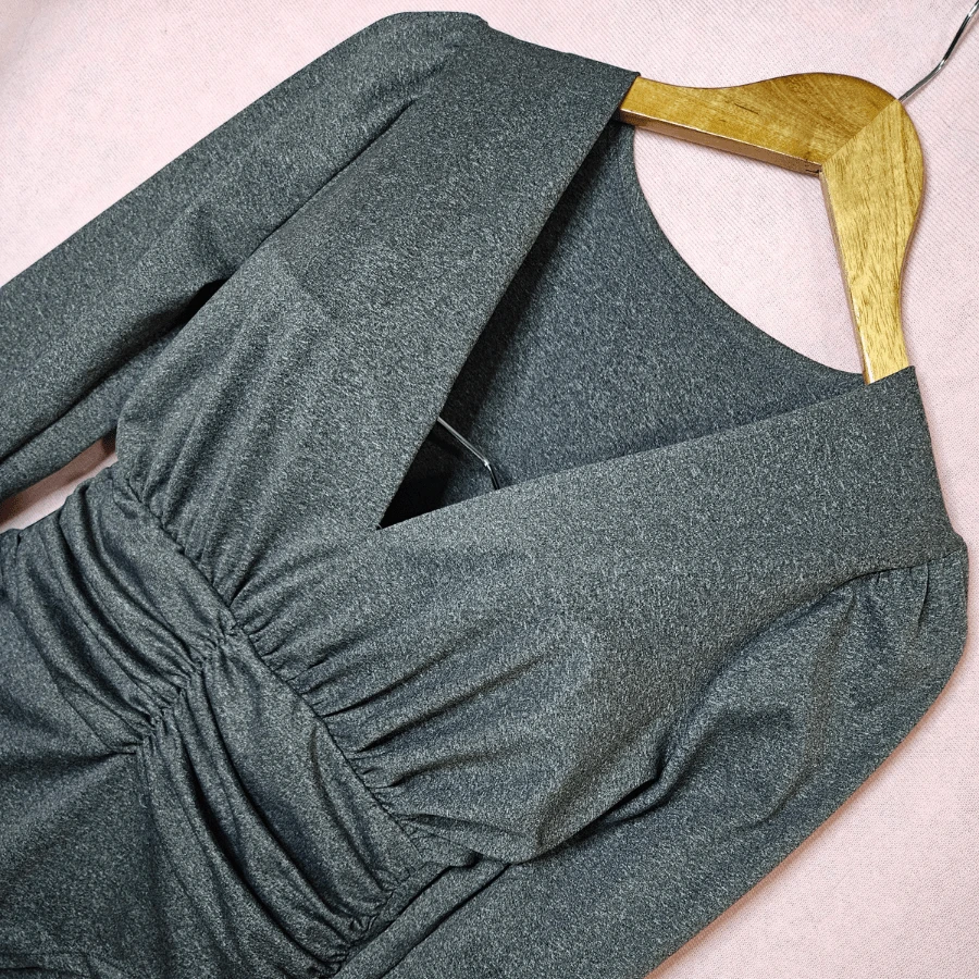 Long Sleeve Bodysuit With Abdomen Detail - Grey Blend - View 1