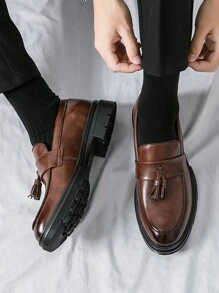 Men's Tassel Thick-soled Business Formal Pu Leather Shoes, Slip-on, Suitable For Groom Wedding And Hairstylist