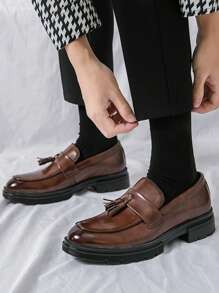 Men's Tassel Thick-soled Business Formal Pu Leather Shoes, Slip-on, Suitable For Groom Wedding And Hairstylist