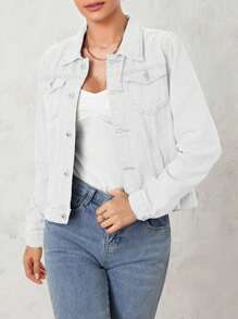 Womens Jeans Coat Solid Color Denim Jacket, Casual Long Sleeve Button Down Pocket Jean Jacket - White - View 9
