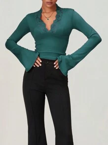 Women's Lace Trim Crop Tops Y2k Long Flare Sleeve Going Out Tops Cute Wrap  Deep V Neck Blouse Tee Shirts - 綠色 - 查看 4