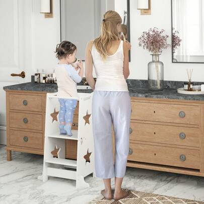 Aiyaplay Torre Montessoriana Bambini Convertibile in Set Tavolo e Sedie con Barra, Sgabello per Bambini 3-6 Anni in Legno, Torre di Apprendimento per Bagno, Cucina e Toilette, Bianco