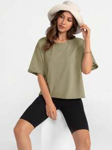 OUTBALL Women's Comfy Basic Workout Gym Short Sleeve Crop Tops Loose Casual Oversized T-Shirts - 卡其綠 - 查看 3
