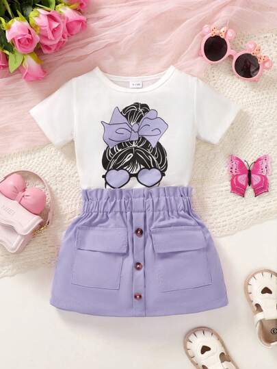 Conjunto casual minimalista de 2 piezas para niña bebé: Camiseta con estampado retrato y pantalones cortos lisos con cinturón