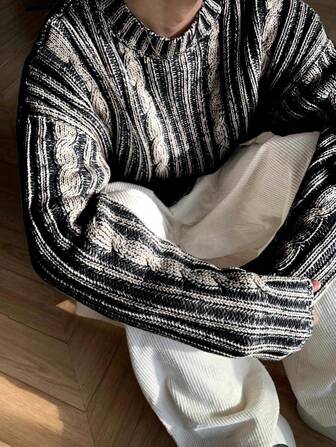 BAI YUE Men's Autumn/Winter Retro Fashion Twisted Cord Element Round Neck Sweater Pullover, Streetwear, Korean Style Men, Long Sleeve For Men, Christmas, Christmas Sweater, New Year, New Year Outfit, New Year Attire, New Year Clothes