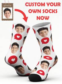 1 Pair Customized Face Design Funny Mid-Calf Socks, For Men And Women, Personalized With Photo Of Handsome Guy Or Beautiful Girl, Interesting Customized Picture Couple Mid-Length Socks, Suitable As Gifts For Valentine's Day, Birthday, And Other Occasions - Multicolor - View 1