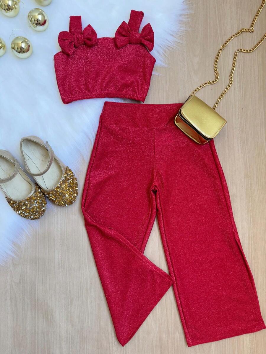 Glam Sparkle Kids Set – Top With Bows And Wide Leg Pants For Parties - Màu Tím - Xem 1