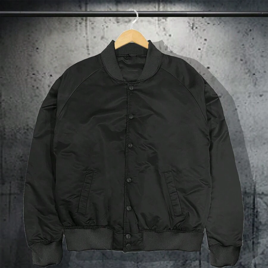 Men Solid Varsity Bomber Jacket Waterproof Fall Winter Summer Lightweight All Season Striped Trim Slant Pockets Baseball Jacket Snap Button - Black Black - View 1