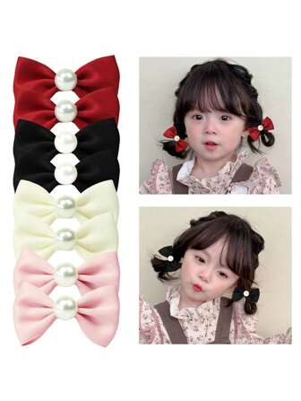 1 件装女婴蝴蝶结珍珠布发夹，百搭纯色手工小辫子发饰