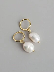 1 Pair S925 Sterling Silver Earrings With Natural Freshwater Pearl Drop, Golden, Elegant & Fashionable, Suitable For Women To Wear Daily As Delicate Gifts