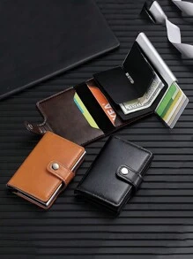 1pc Minimalist Casual Men's PU Leather Snap Button Aluminum Alloy Card Holder Wallet, Anti-Theft, Anti-Demagnetization, Easy To Carry