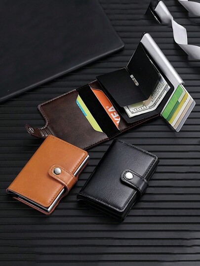 1pc Minimalist Casual Men's PU Leather Snap Button Aluminum Alloy Card Holder Wallet, Anti-Theft, Anti-Demagnetization, Easy To Carry