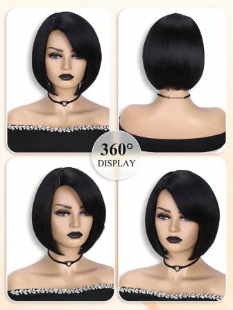 Short Side Part Bob Wigs Straight Black Hair Wig Bowl Cut Cosplay Wig Heat Resistant Natural Looking Synthetic Full Wigs For Women(Natural Black)