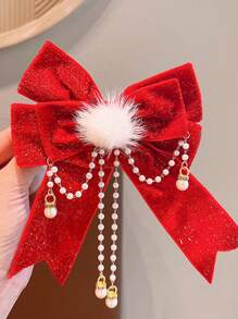 1个蝴蝶结头饰青少年红色发夹女孩发夹青少年新年天鹅绒后背头夹 - 紅色 - 查看 5