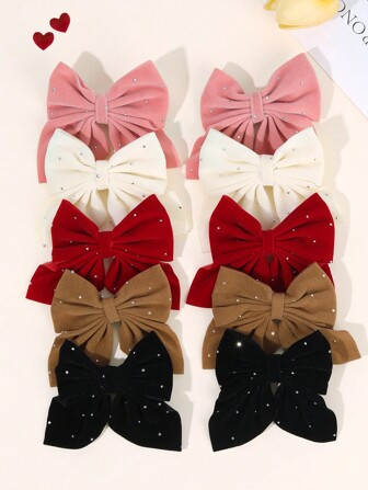 10pcs Velvet Hair Bows For Girls Plain Rhinestones Bow Alligator Clips Fall Winter Bow Hair Clips Toddler Girls Pigtail Bow Clips Beige Red Black Barrettes Kids Hair Accessories