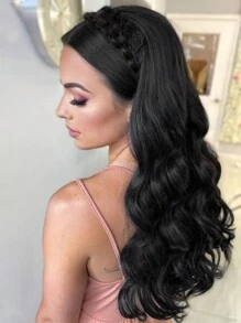 Black Synthetic Hair Band With Long Wavy Extensions And Twisted Braids, Natural Semi-Wild Style Hair Accessory - Black - View 3