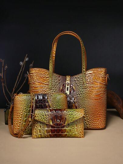 3-Piece Set: Colorful Crocodile Pattern Large Capacity Faux Leather Tote & Crossbody Bags With Matching Wallet Combo