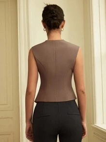 女士纯色单排扣不对称短款上衣 - 摩卡棕 - 查看 2