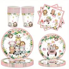 10pcs/20pcs Pink Safari Jungle Theme Party Supplies Forest Animal Safari Birthday Paper Plates Napkins Tableware Set Decorations Wild One Birthday Party Favors For 1st Birthday Table Decorations