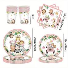 10pcs/20pcs Pink Safari Jungle Theme Party Supplies Forest Animal Safari Birthday Paper Plates Napkins Tableware Set Decorations Wild One Birthday Party Favors For 1st Birthday Table Decorations