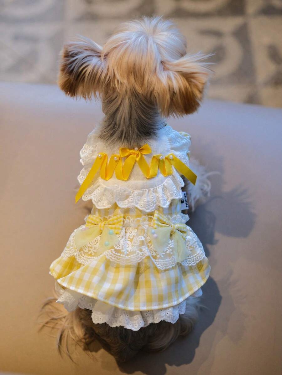 Vestido artesanal para animais de estimação, com laço e mangas bufantes, para cães de pequeno e médio porte (1 peça).