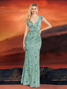 Summer High Quality Elastic Sequin V-Neck Cover Sleeves With Fishtail Hem Design, Featuring A Solid Color Elegant And Luxurious Long Dress For Women, Making Women Younger And More Charming, Suitable For Various Parties, Graduations, Weddings, Events And Various Banquets And Dancing Parties, Formal Ball Gown For Women (Deluxe Edition), Party Dress, Wedding Guest Dress, Evening Dress - 薄荷綠 - 查看 1