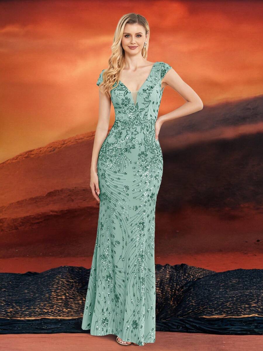 Summer High Quality Elastic Sequin V-Neck Cover Sleeves With Fishtail Hem Design, Featuring A Solid Color Elegant And Luxurious Long Dress For Women, Making Women Younger And More Charming, Suitable For Various Parties, Graduations, Weddings, Events And Various Banquets And Dancing Parties, Formal Ball Gown For Women (Deluxe Edition), Party Dress, Wedding Guest Dress, Evening Dress - 薄荷綠 - 查看 1