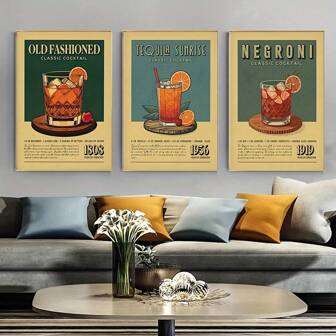 3pcs Set Modern Negroni Cocktail Canvas Wall Art, Frameless Posters For Living Room & Bedroom Decor