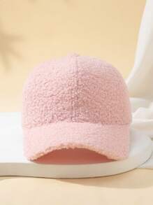1pc Women Plain Sherpa Fleece Winter Baseball Cap With Hook And Loop Closure, Suitable For Daily Wear - Pink - View 3