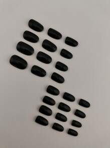 24pcs Short Almond-Shaped Solid Wine Red False Nails, With 1pc Nail File And 1pc Gel Nail Sticker, Manicure Supplies - Black - View 4