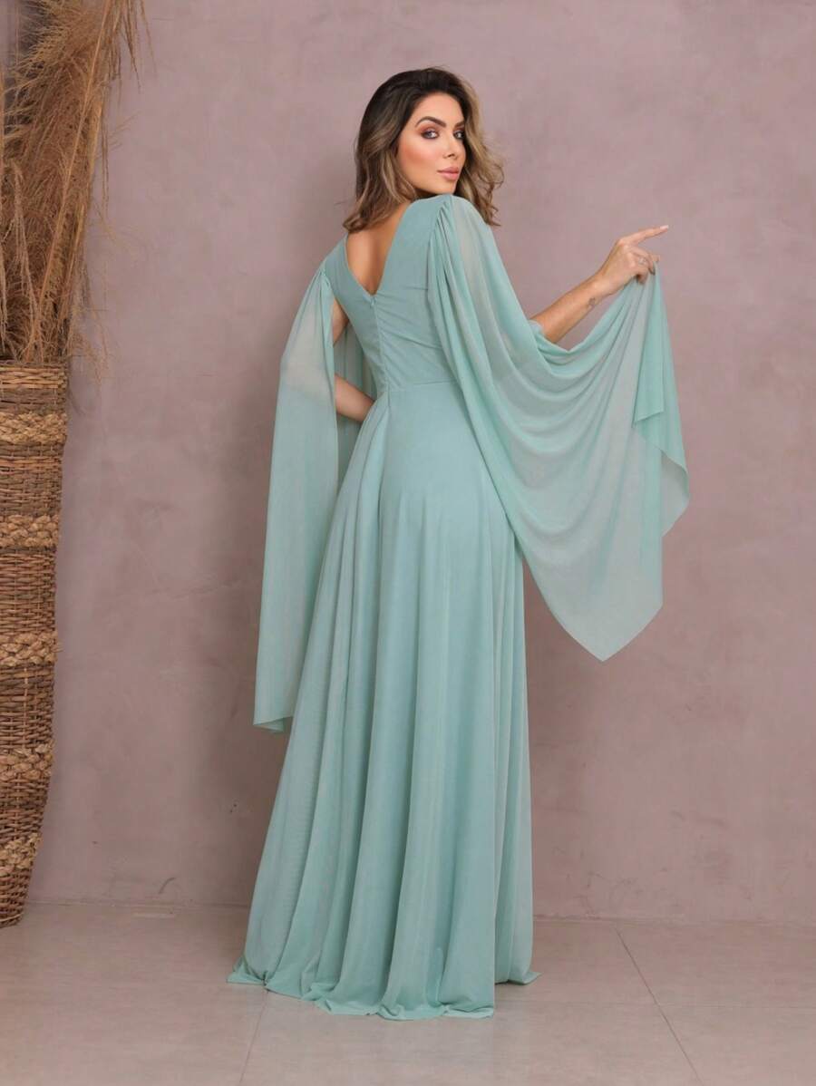 Women's Long Party Dress With Slit Cape Sleeve V-Neck Solid Color Elegant New Year's Eve - 薄荷綠 - 查看 1