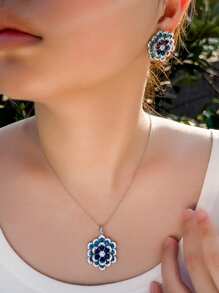 1 Cặp Hoa tai hình học Cubic Zirconia màu xanh sang trọng theo phong cách Art Deco và 1 Bộ trang sức mặt dây chuyền dành cho nữ, Tiệc đính hôn và tiệc cưới - Màu xanh lam - Xem 7