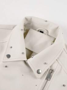 Giolshon Women's Studded Faux Leather Moto Jacket - Edgy Biker Style With Lapel, Belt & Zipper Details For Fall/Winter Layering - White - View 4