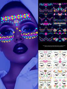 2/3/8pcs, Music Festival Fluorescent Face Tattoo Sticker Set,8 Sheets Temporary Tattoo Stickers, 10.5*15cm/Sheet Waterproof Masquerade Party Neon Glow Tattoo Sticker, Party Decor Supplies, Party Favors, Night Party Supplies, Glow In Dark Party Supplies For DIY Women Girls' Christmas Eve,For Music Festival