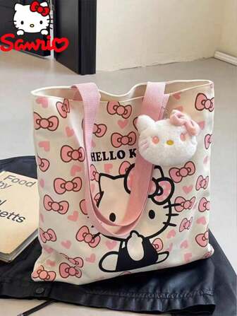 Sanrio Tecknad Kt Katt Tygväska, Hello Kitty Bärbar Tygväska Modeväska Ny Stor Kapacitet Pendlingsväska Flickor Anime Kawaii Kort Mönster Mode Skoldesign Lämplig För Resor Förvaring Och Lätt Att Bära Fräsch Och Ren Axelväska, student Handhållen Tygväska, Hello Kitty Väska