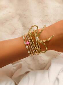 6pcs Women's Faux Pearl Bowknot, Resin Heart & Round Beaded Bracelet Set, Elegant For Party Wear