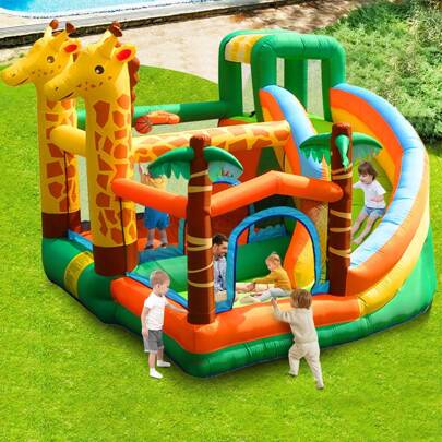 Trampolín Grande para Exteriores para Niños con Tema de Jirafa Animada - Incluye Bomba Inflable de Alta Potencia