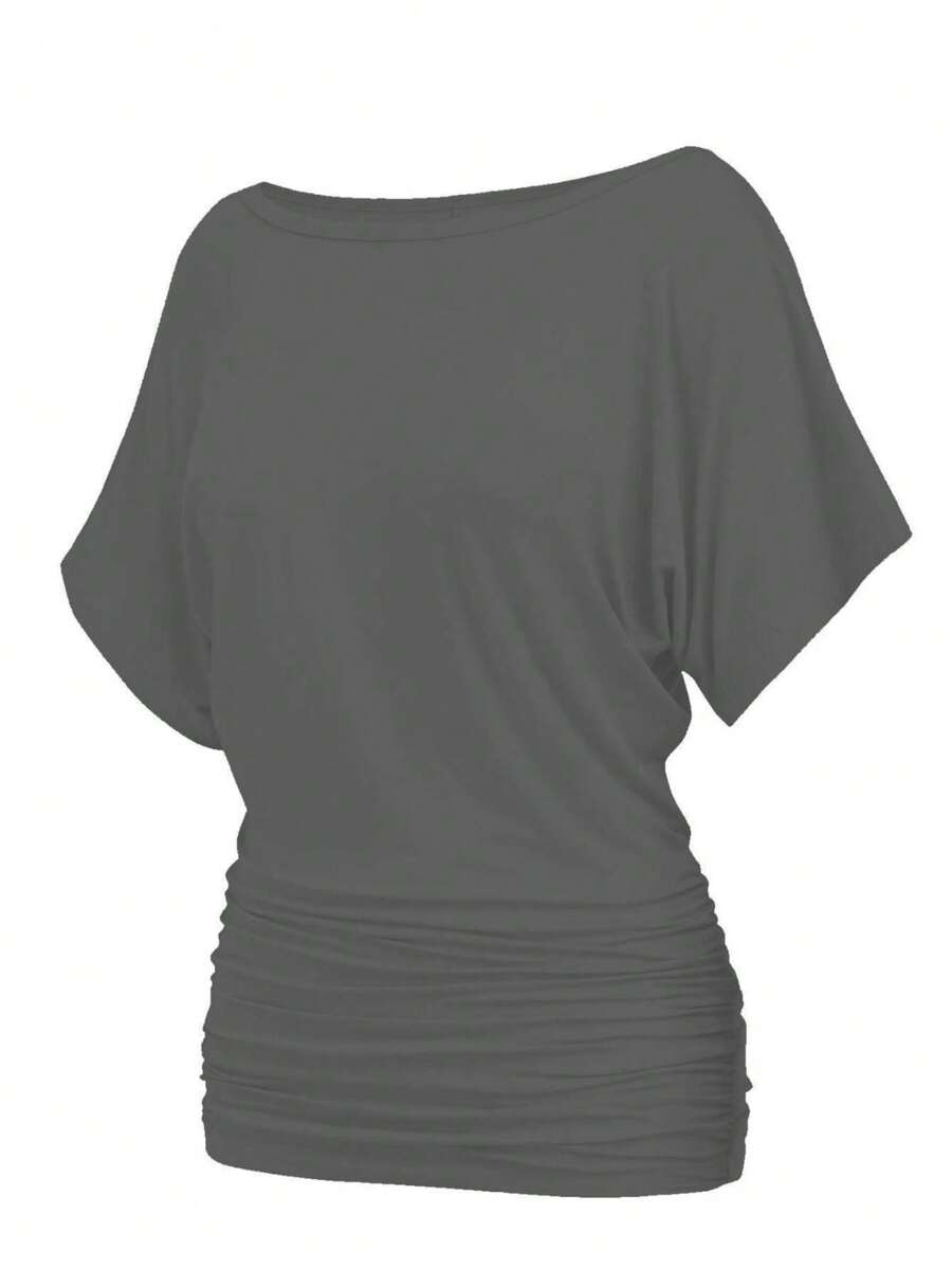 OUTBALL Womens Casual T Shirts Short Sleeve Dolman Shirts Boat Neck Ruched Tops Summer Lightweight Clothes - 灰色 - 查看 1