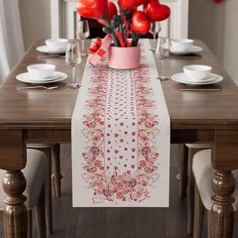1 Pc Romantic Valentine's Day Pink Roses Flowers Heart Candies Cloth Table Runner,Table Decoration For Home Kitchen Dining Dinner Indoor Holiday Farmhouse Decor